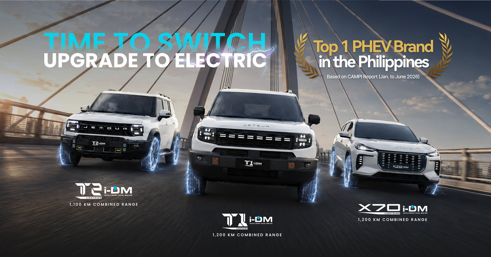 Jetour T2 i-DM, T1 i-DM, and X70 i-DM electric SUVs driving across a bridge, highlighting up to 1,200 km combined range.
